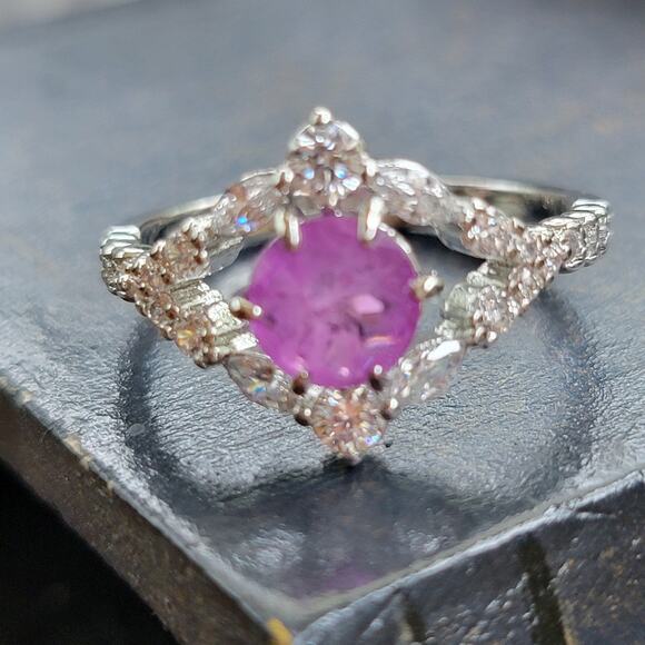 Elegant Rhodium-Plated Size 9 Ring with Simulated Amethyst and Clear Stones - Picture 2 of 12
